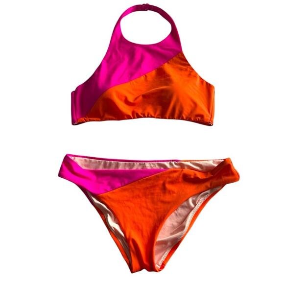 Victoria's Secret Pink Orange Color block Halter Hipster bikini set Size LARGE - Picture 13 of 13